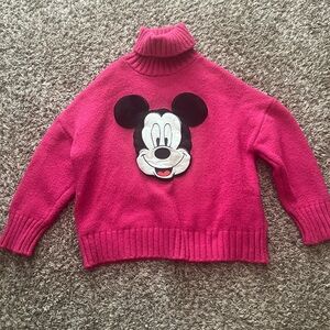 Vintage knit turtleneck hot pink sweater with Mickey Mouse Appliqué